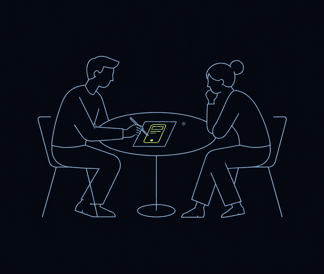 Two people at a small table, one sketching a single product screen on paper while the other listens