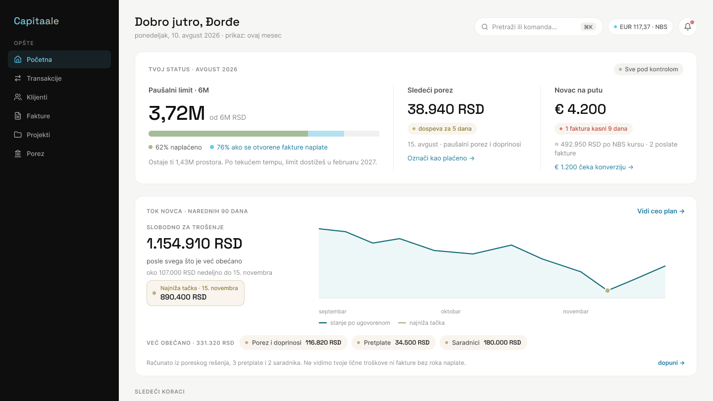 The Capitaale dashboard, showing the flat rate limit for the year, the next tax due and a ninety day cash flow projection