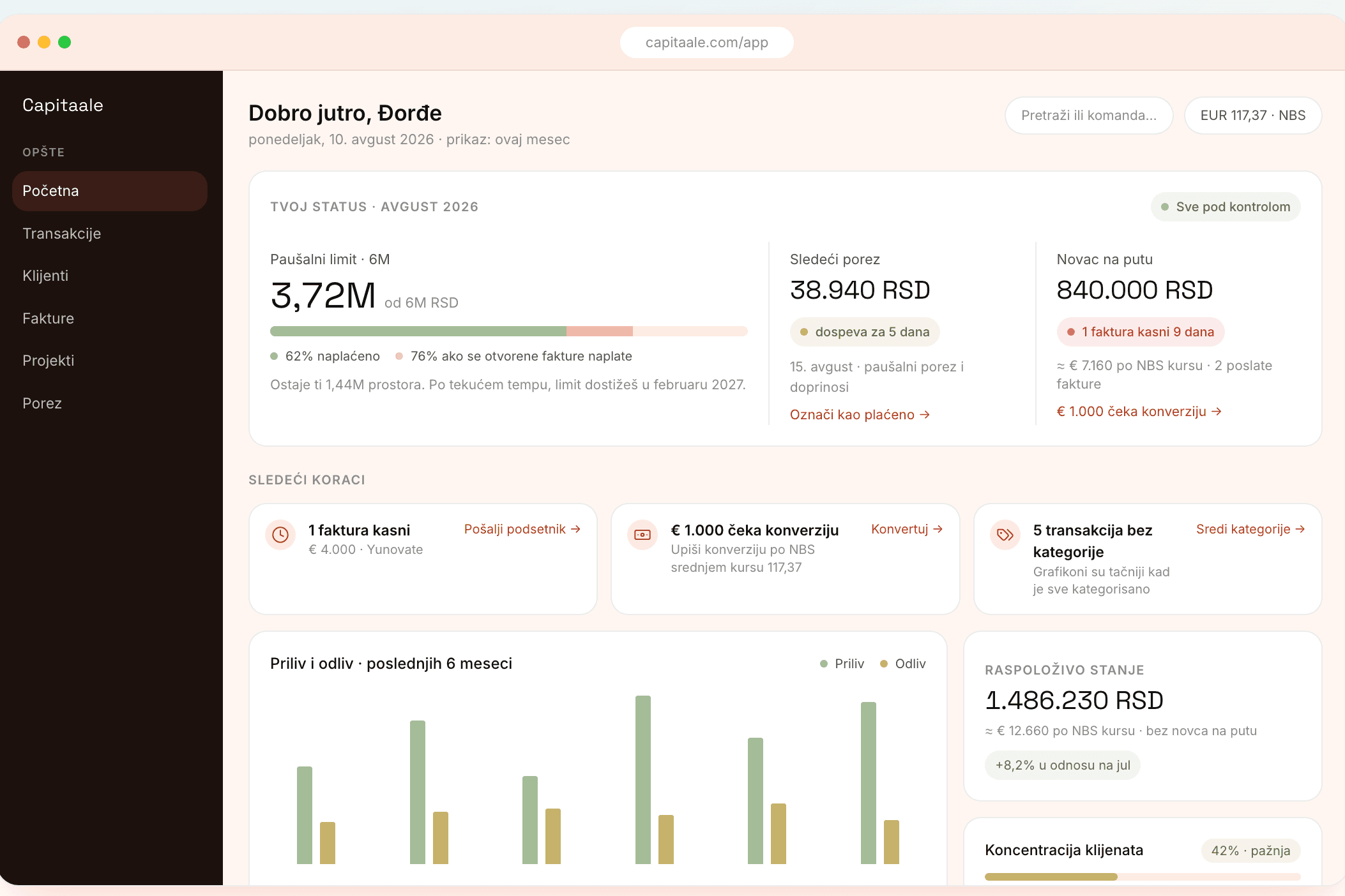 The Capitaale dashboard, showing the flat rate limit for the year, the next tax due and the money still in transit