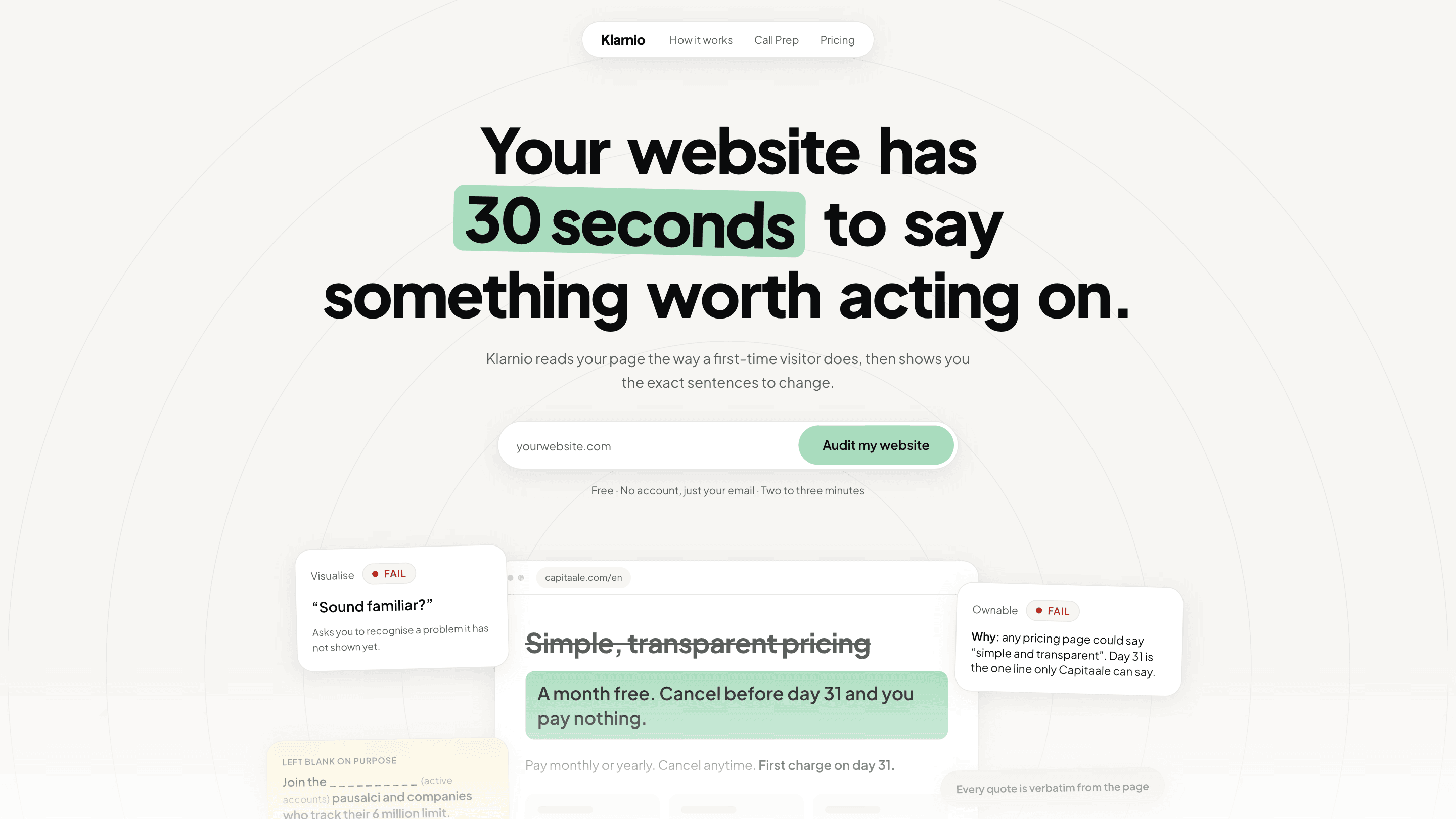 The Klarnio home page: the headline, the audit field and a sample report